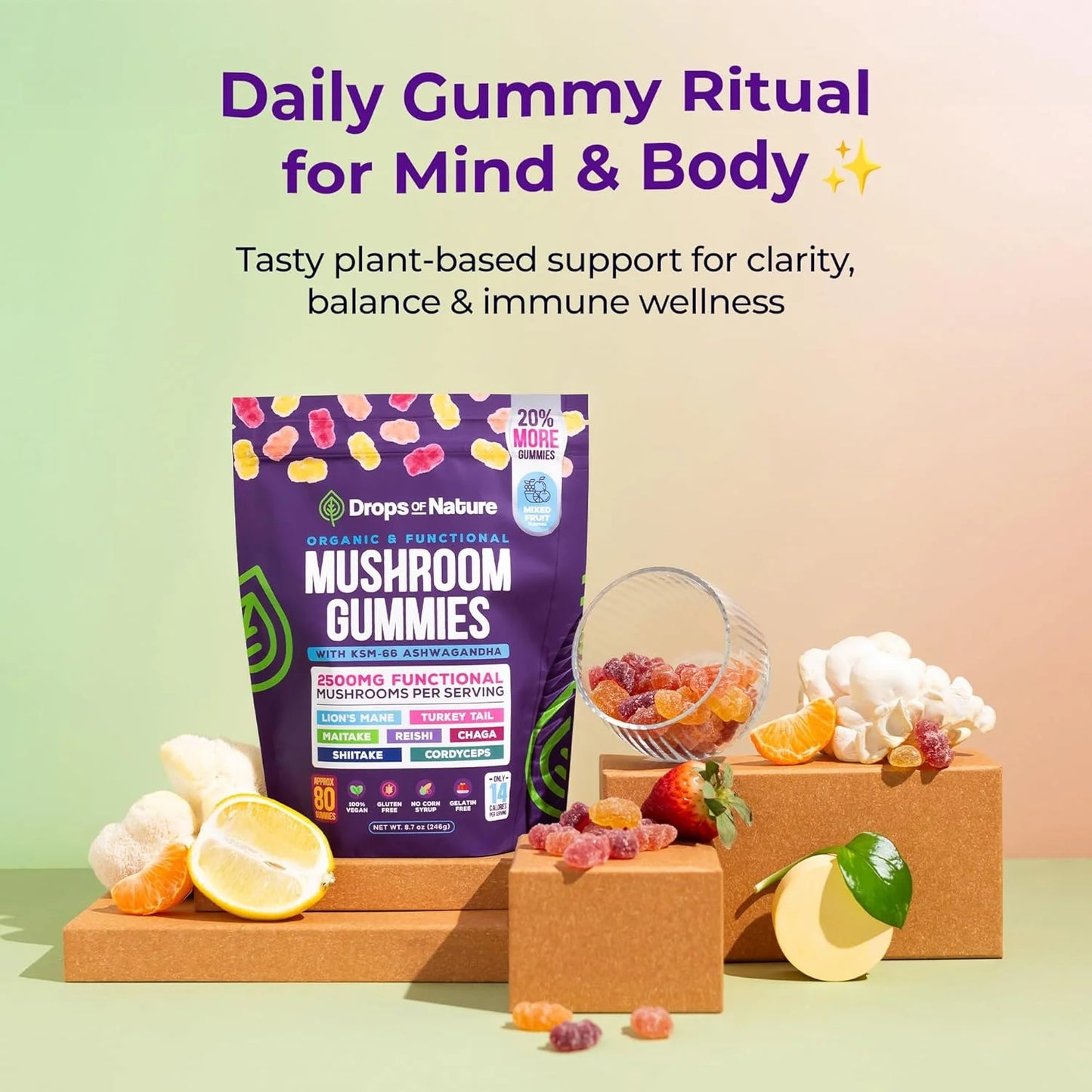 Serenity Bites Mushroom Gummies with Lavender Extract and Chamomile for Relaxation, 60 Count