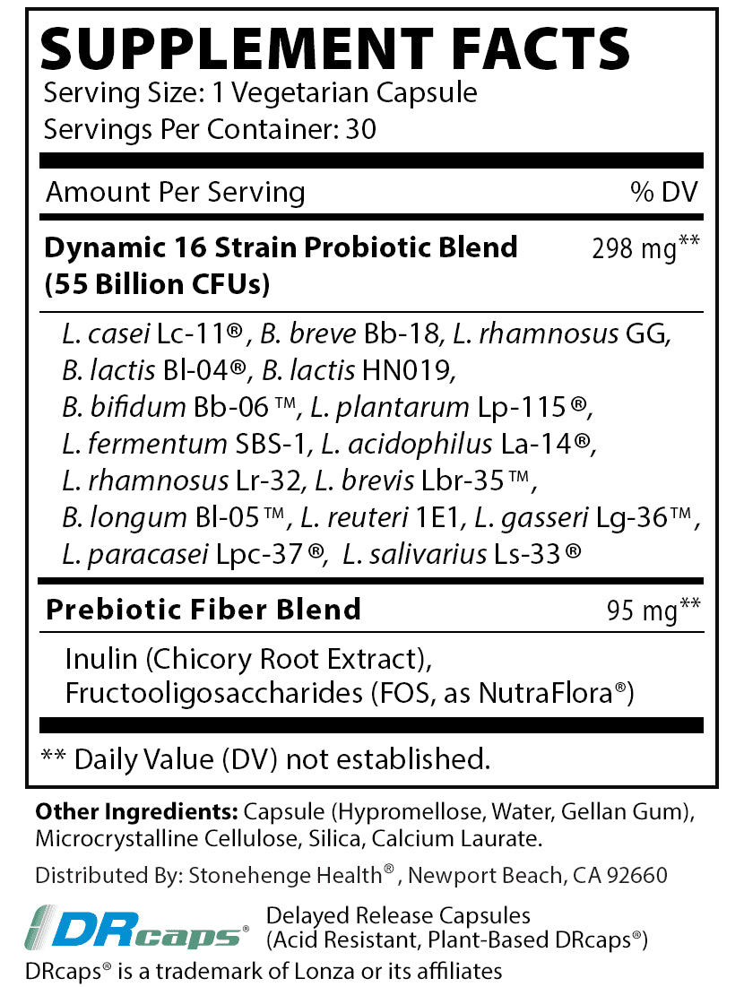 Dynamic Biotics Probiotics 55 Billion CFU, 16 Strains, Prebiotic, Synbiotic, Lactobacillus Acidophilus, Delayed Release, Shelf Stable, Supplement Capsule (1 Pack)