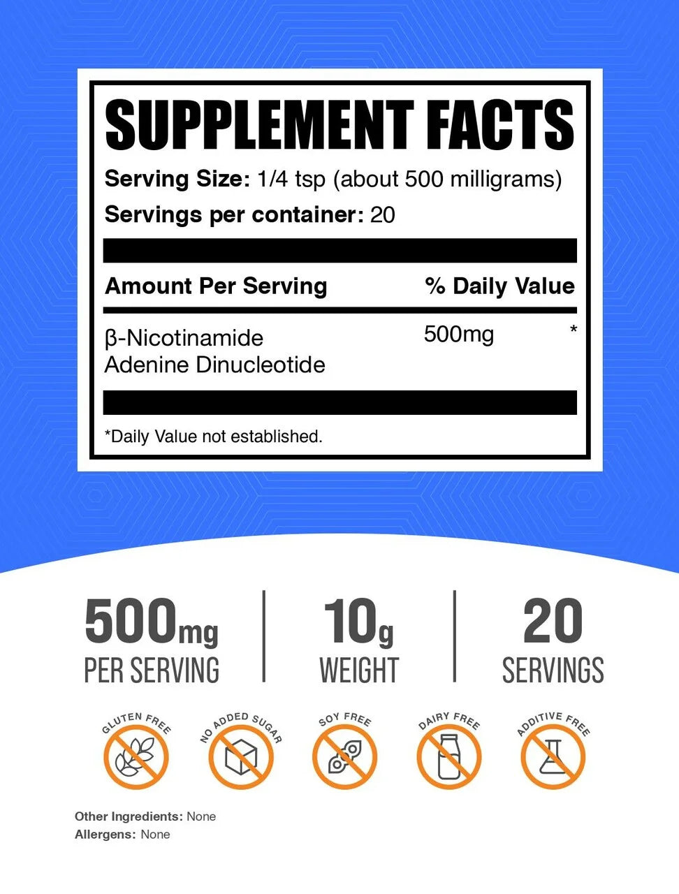 Bulksupplements Nicotinamide Adenine Dinucleotide (NAD) Powder - 500Mg per Serving - 10 Grams (0.4 Oz) - 20 Servings
