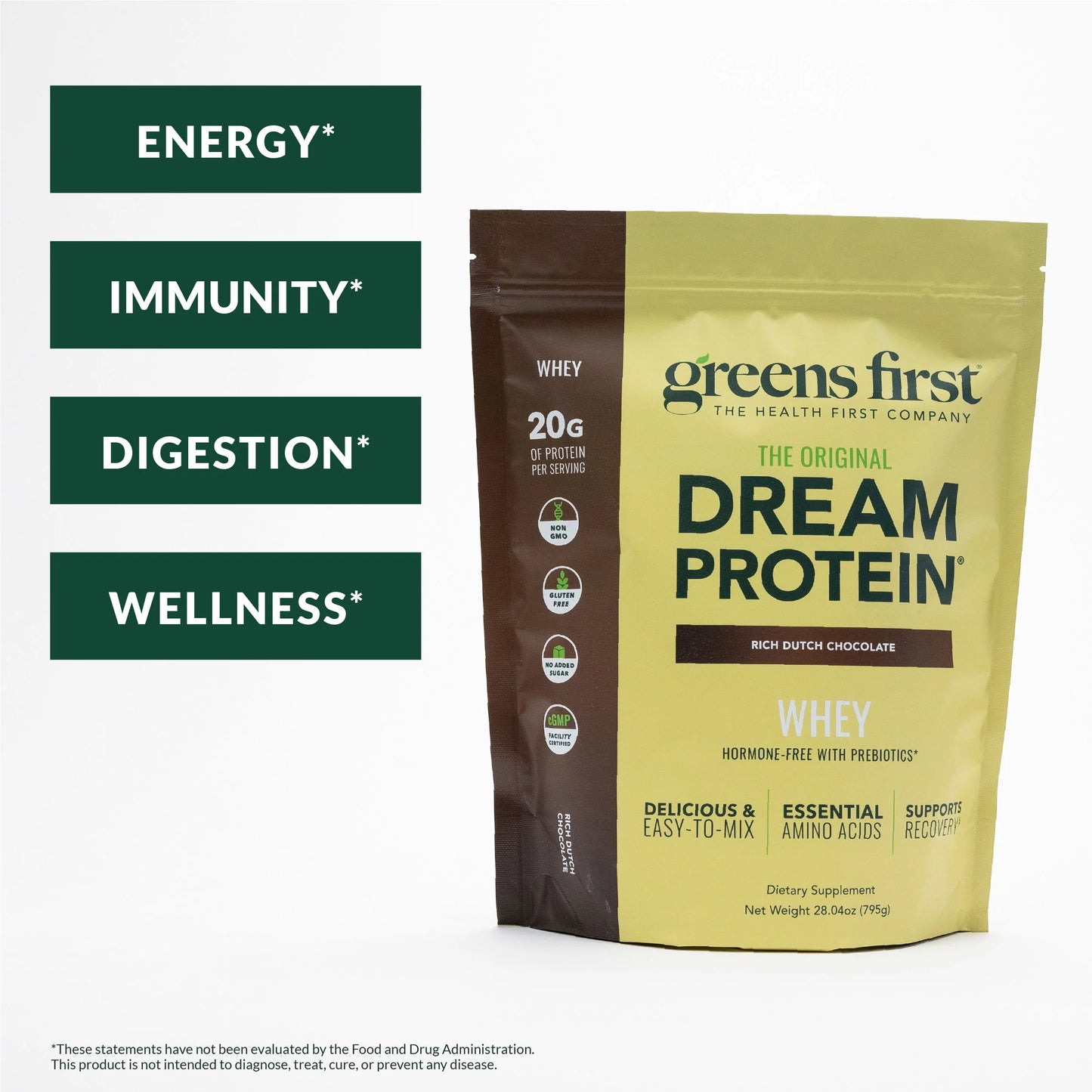 Dream Protein Powder Whey - 20G Protein per Serving - Hormone-Free with Prebiotics - Non-Gmo - No Artificial Sweeteners/Msg/Aspartame (Rich Dutch Chocolate, 28.04 Oz)
