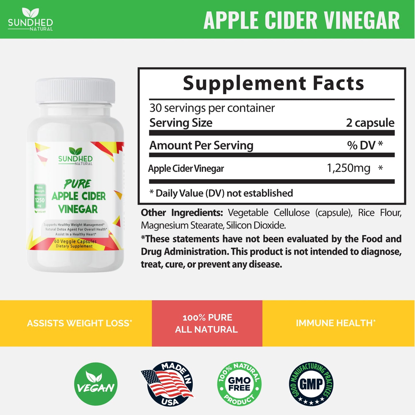 Pure Apple Cider Vinegar - 1250Mg Natural Detox Cleanse, Appetite Suppressant & Bloating Relief, Supports Blood Sugar & Immune System, Assists Weight Loss and Digestion, Fat Burner