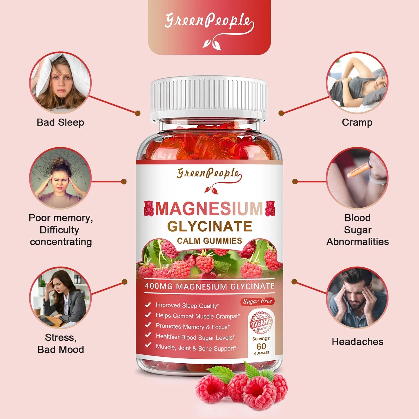 Magnesium Glycinate Gummies 600Mg - Sugar Free Magnesium Potassium Supplement - for Calm Support & Sleep for Adults- 60 Raspberry Gummies