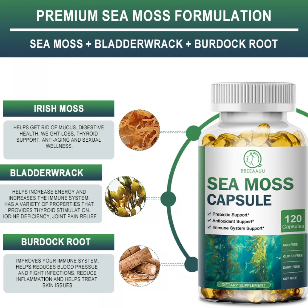 Irish Sea Moss Capsules - 2000 Mg - Made with Bladderwrack & Burdock Root - Seamoss Supplement for Thyroid, Energy, Immune Support, 120 CT