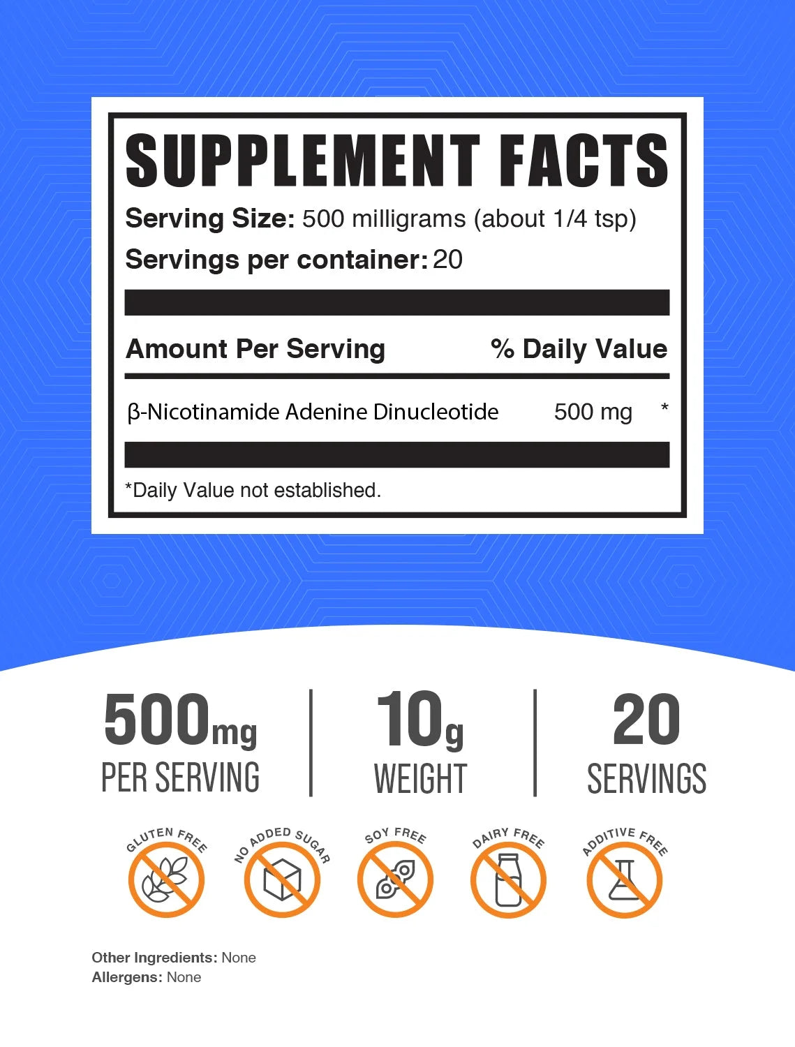 Bulksupplements Nicotinamide Adenine Dinucleotide (NAD) Powder - 500Mg per Serving - 10 Grams (0.4 Oz) - 20 Servings