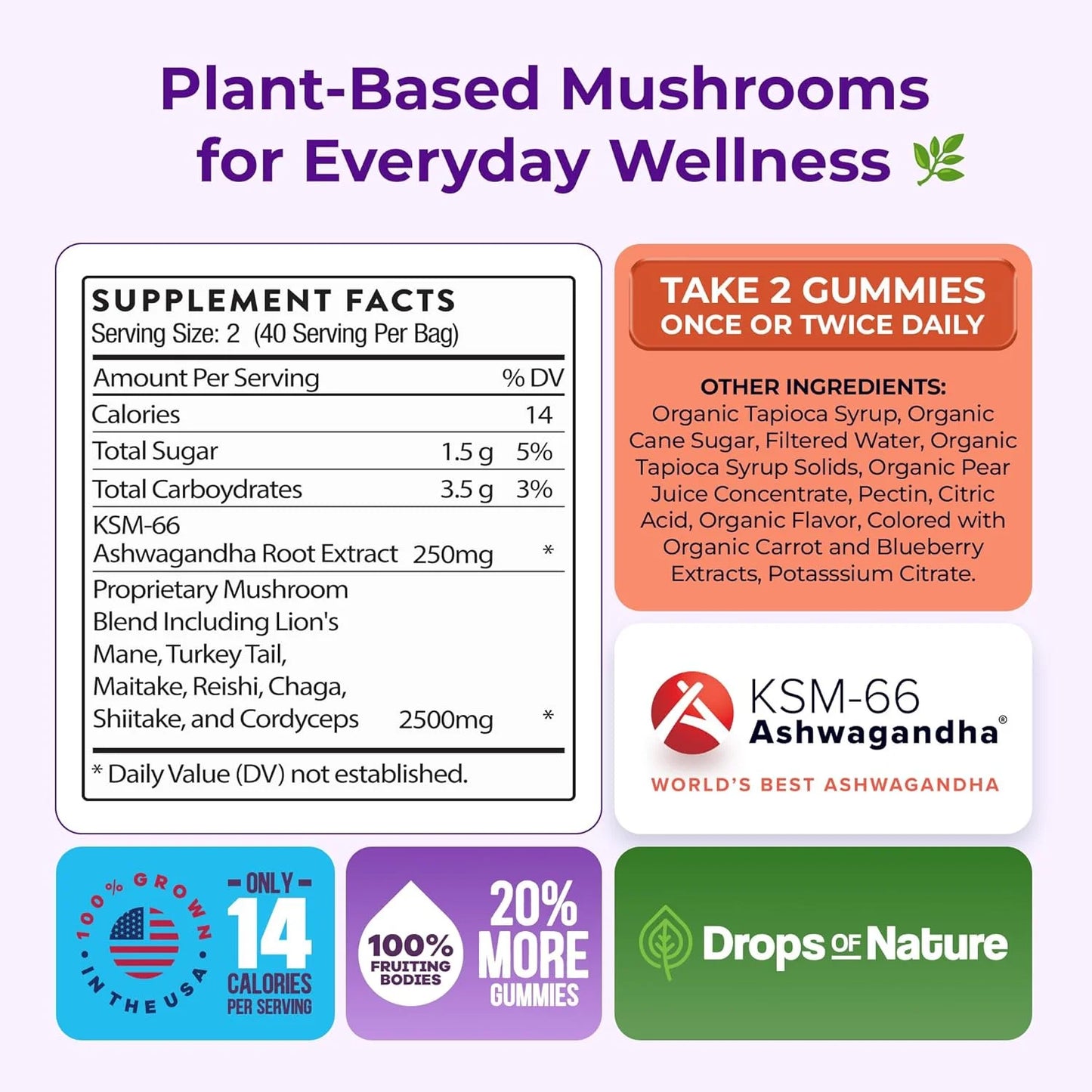 Serenity Bites Mushroom Gummies with Lavender Extract and Chamomile for Relaxation, 60 Count
