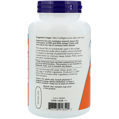 Now Foods Omega-3 180 EPA 120 DHA 200 Softgels GMP Quality Assured, Kosher