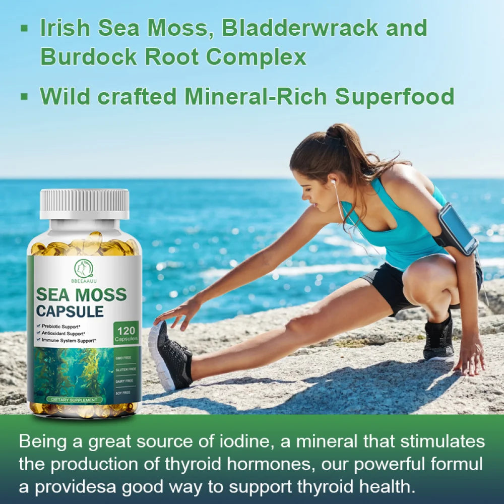 Irish Sea Moss Capsules - 2000 Mg - Made with Bladderwrack & Burdock Root - Seamoss Supplement for Thyroid, Energy, Immune Support, 120 CT