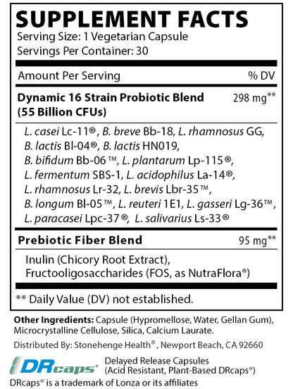 Dynamic Biotics Probiotics 55 Billion CFU, 16 Strains, Prebiotic, Synbiotic, Lactobacillus Acidophilus, Delayed Release, Shelf Stable, Supplement Capsule (1 Pack)
