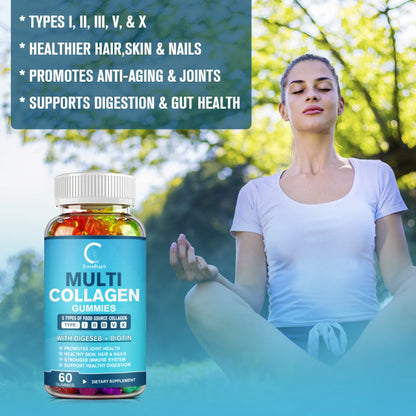 Multi Collagen Gummies | 5 Types of Food Source Collagen Supplements - Promotes Healthy Hair, Skin, Nail | 60 Gummies