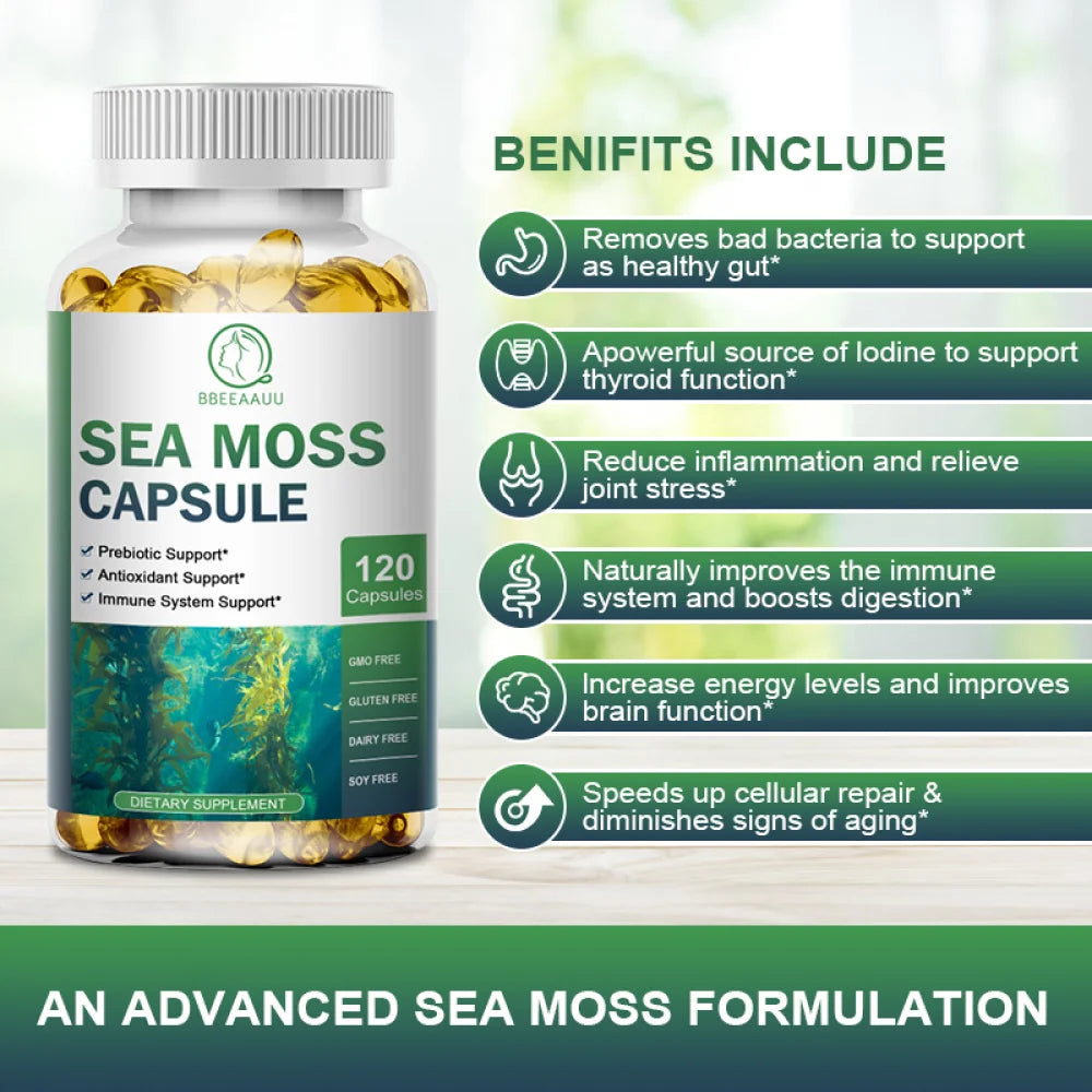 Irish Sea Moss Capsules - 2000 Mg - Made with Bladderwrack & Burdock Root - Seamoss Supplement for Thyroid, Energy, Immune Support, 120 CT