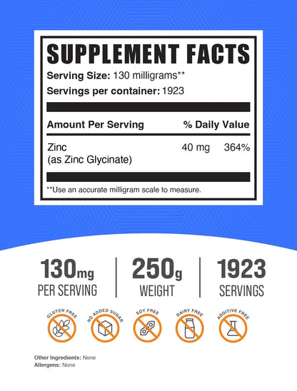 Bulksupplements Zinc Glycinate Powder - Gluten Free, 130Mg per Serving - 500 Grams (1.1 Lbs) - 3846 Servings