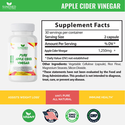 Pure Apple Cider Vinegar - 1250Mg Natural Detox Cleanse, Appetite Suppressant & Bloating Relief, Supports Blood Sugar & Immune System, Assists Weight Loss and Digestion, Fat Burner