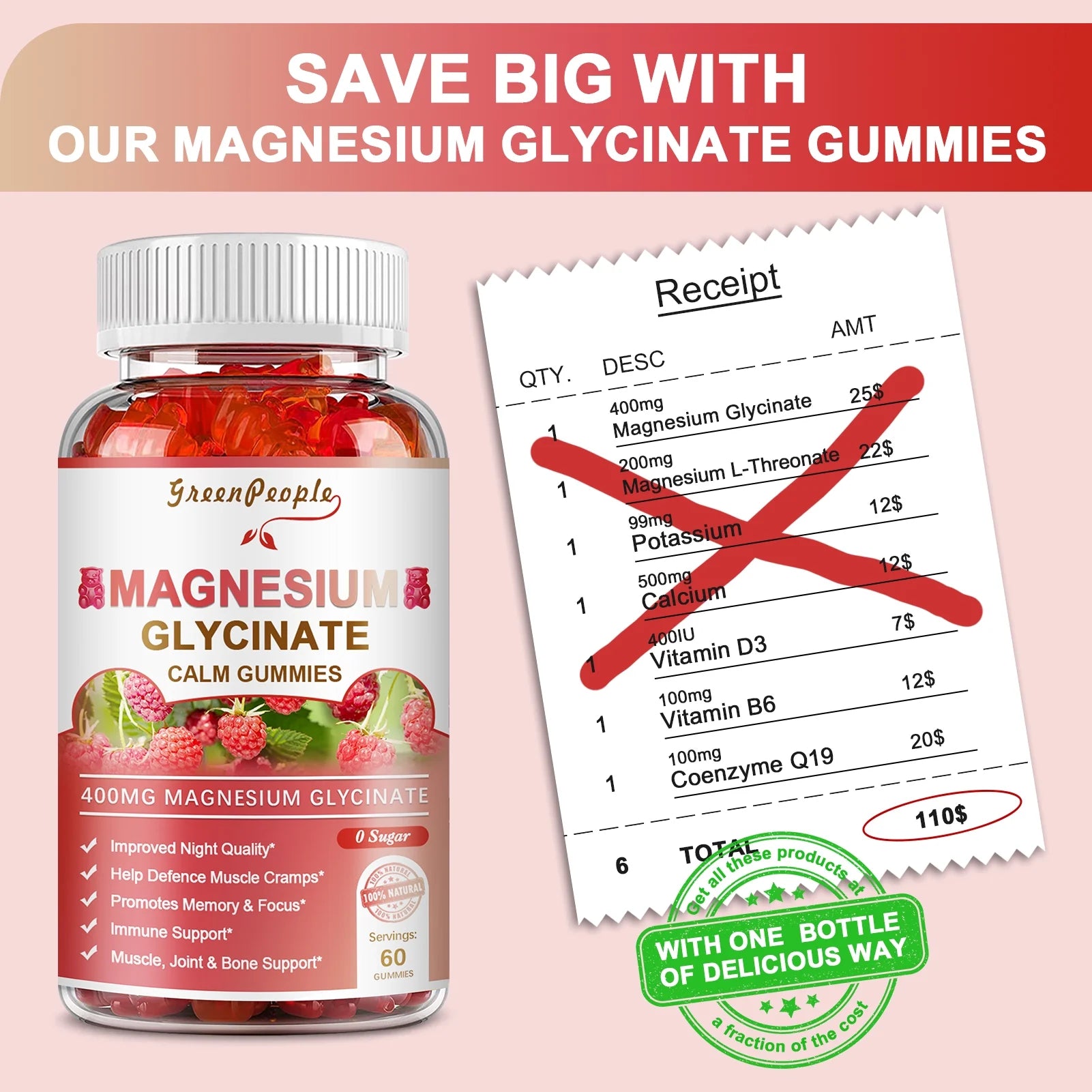 Magnesium Glycinate Gummies 600Mg - Sugar Free Magnesium Potassium Supplement - for Calm Support & Sleep for Adults- 60 Raspberry Gummies