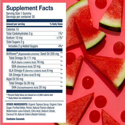 Wiley'S Finest Kids Vegan Omega-3 Gummies - Natural Sugar - Vegetarian DHA, ALA & SDA - Gluten Free - Watermelon Flavor, 30 Gummies