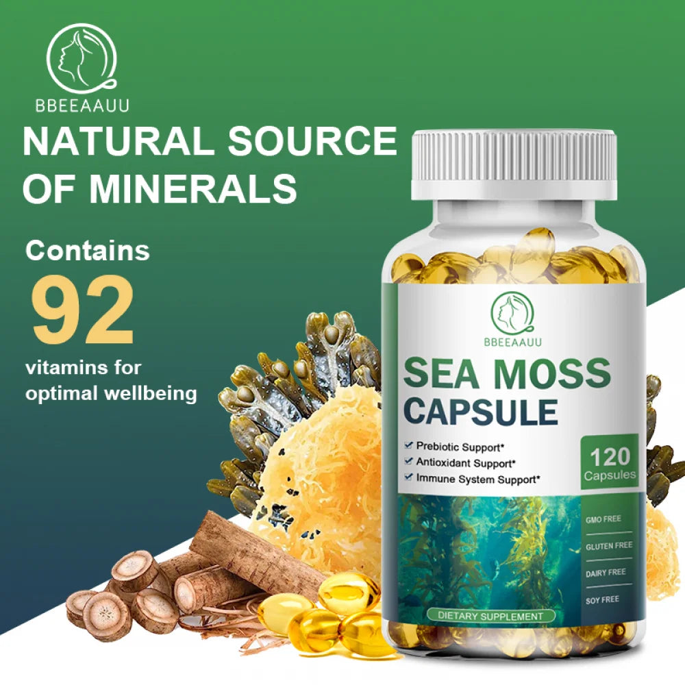 Irish Sea Moss Capsules - 2000 Mg - Made with Bladderwrack & Burdock Root - Seamoss Supplement for Thyroid, Energy, Immune Support, 120 CT