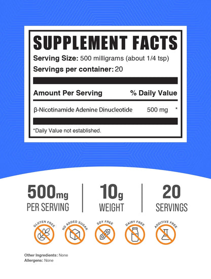 Bulksupplements Nicotinamide Adenine Dinucleotide (NAD) Powder - 500Mg per Serving - 10 Grams (0.4 Oz) - 20 Servings