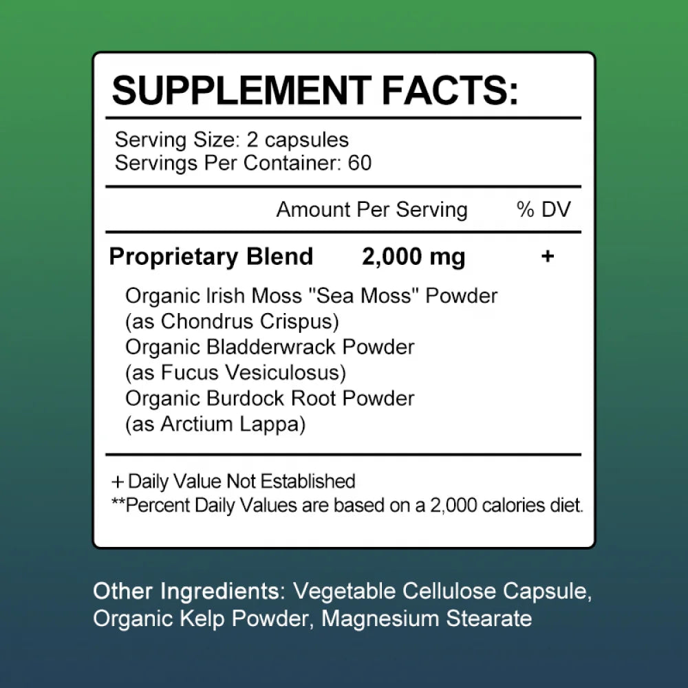 Irish Sea Moss Capsules - 2000 Mg - Made with Bladderwrack & Burdock Root - Seamoss Supplement for Thyroid, Energy, Immune Support, 120 CT