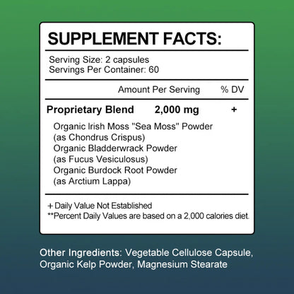 Irish Sea Moss Capsules - 2000 Mg - Made with Bladderwrack & Burdock Root - Seamoss Supplement for Thyroid, Energy, Immune Support, 120 CT