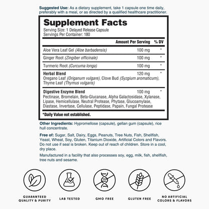 Enzym Balance - 180 Capsules (6 Month Supply) - 16 Digestive Enzymes with Aloe, Turmeric, Ginger, Oregano - Ease Gas, Bloating & Constipation*