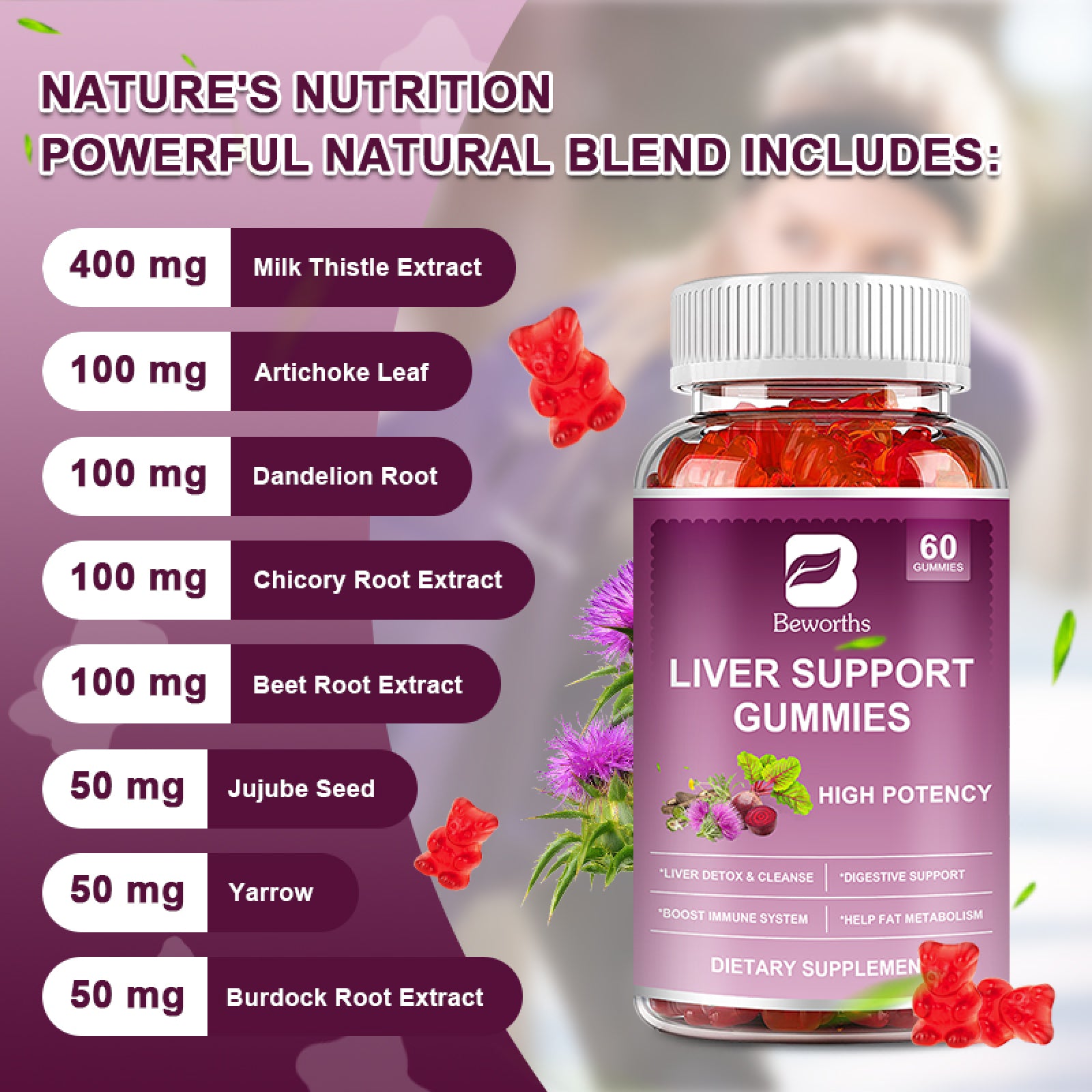 Liver Support Gummies, with Milk Thistle Extract Support Liver Cleanse Detox & Repair, Liver Health, 60 Gummies