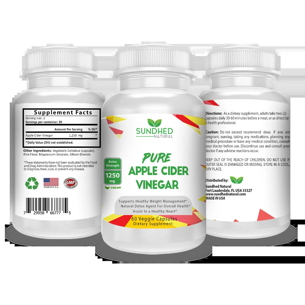 Pure Apple Cider Vinegar - 1250Mg Natural Detox Cleanse, Appetite Suppressant & Bloating Relief, Supports Blood Sugar & Immune System, Assists Weight Loss and Digestion, Fat Burner